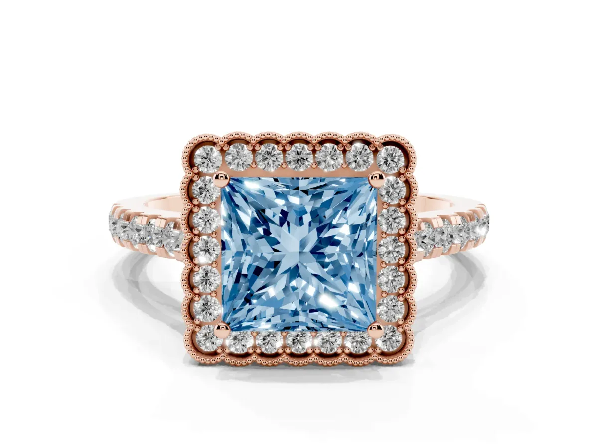 Fancy Blue Princess Cut Cut Diamond Milgrain Floral Halo Engagement Ring with Pavé Band Rose gold