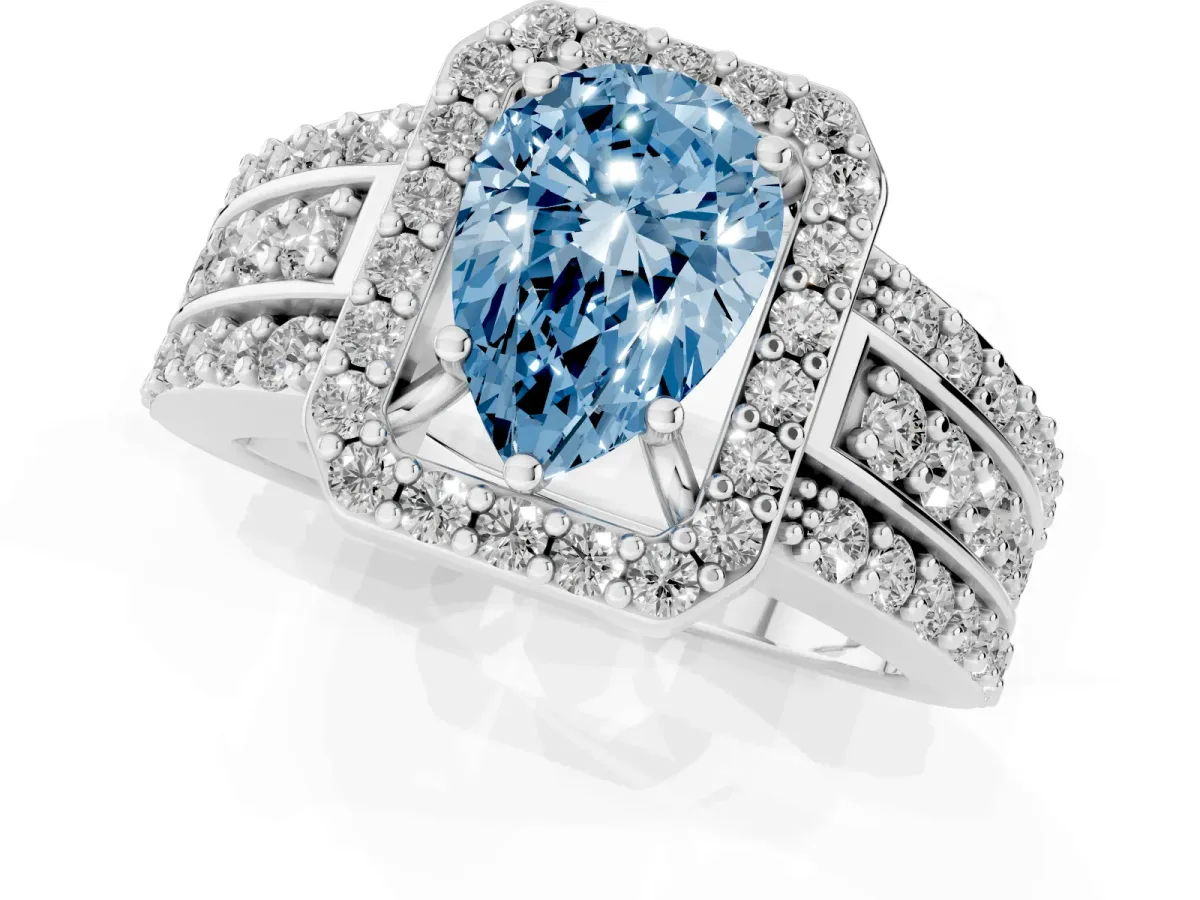 Fancy Blue Pear Cut Halo Diamond Ring with Round Split Shank and Prong Setting Platinum