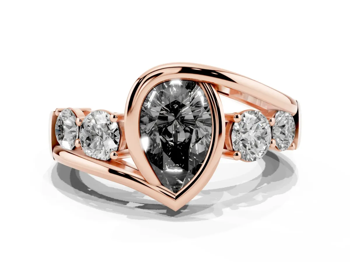 Fancy Black Bezel Set Pear Cut Diamond Bypass Ring with Round Accents Rose gold