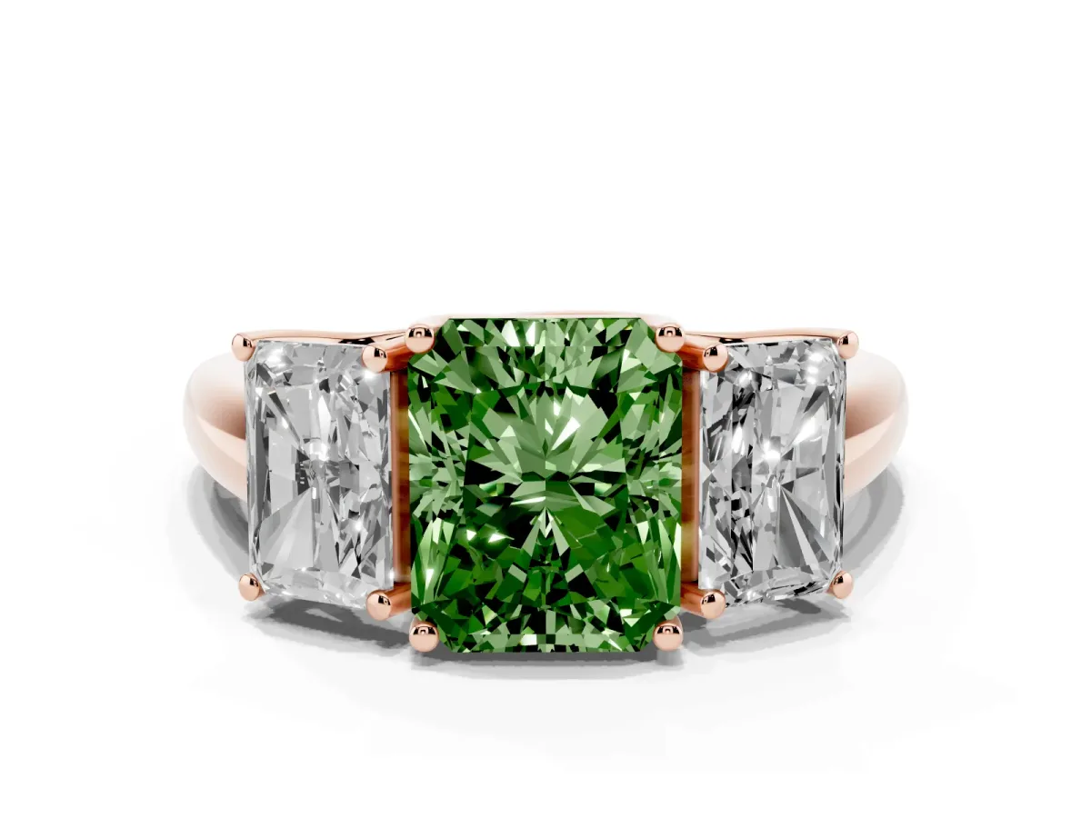 Fancy Green Three-Stone Radiant Cut Diamond Engagement Ring with Prong Setting Rose gold
