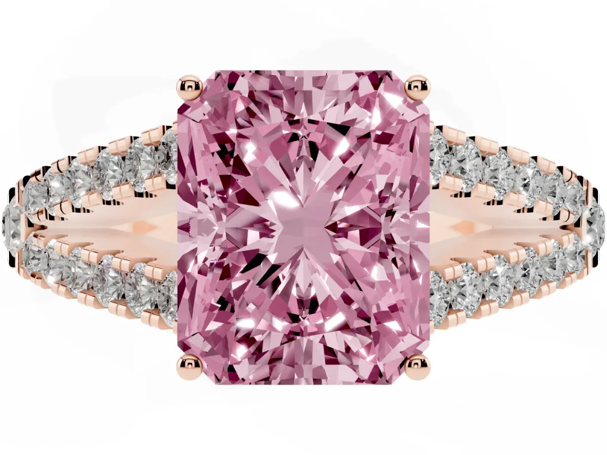 Fancy Pink Radiant Cut Diamond Split Shank Engagement Ring with Round Pavé and Prong Setting Rose gold