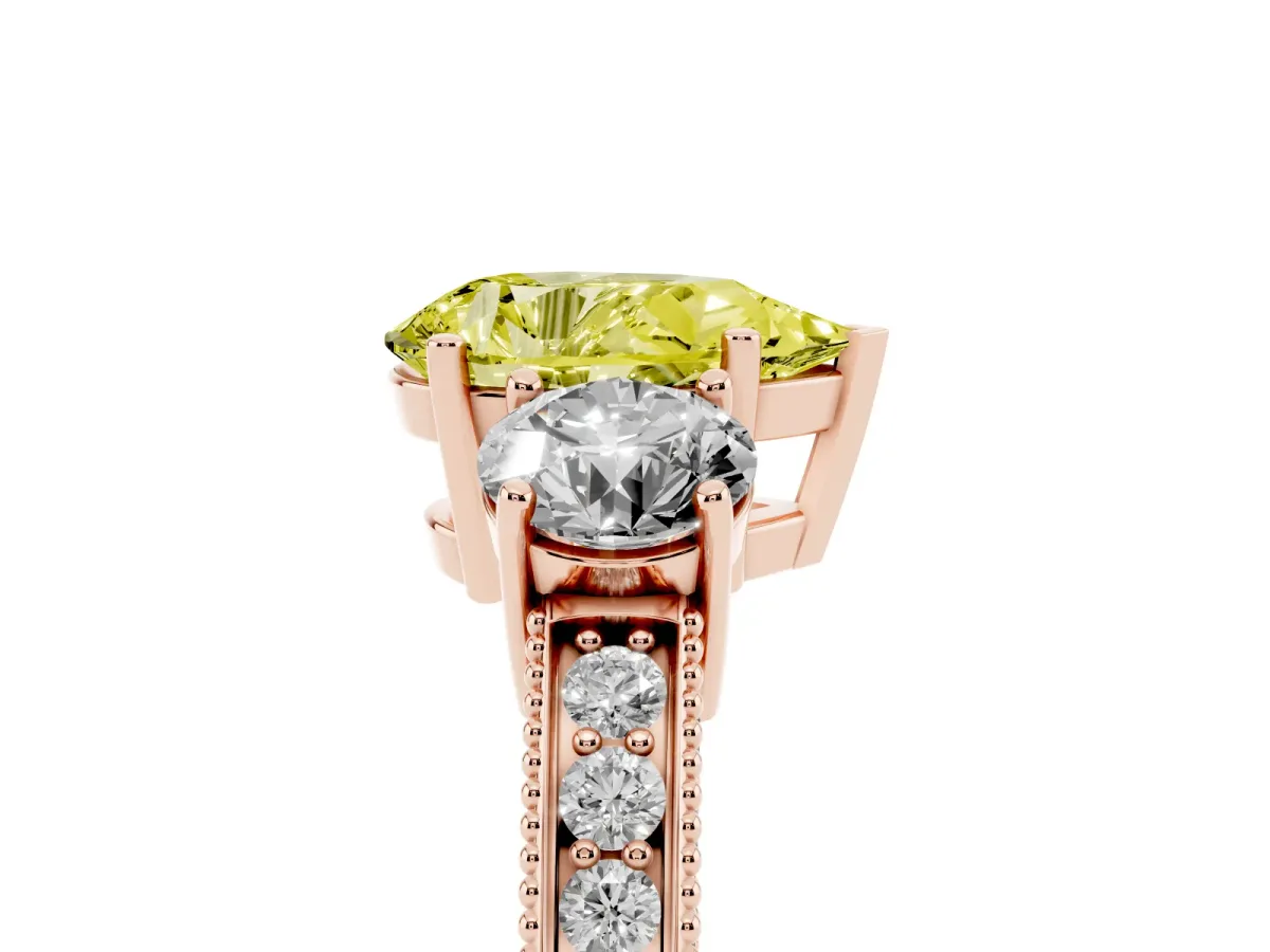 Fancy Yellow Pear Cut Three-Stone Diamond Ring with Pavé Band and Four-Prong Setting Rose gold