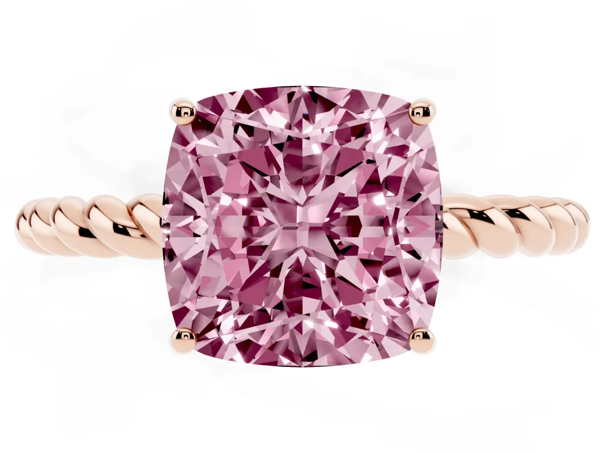 Fancy Pink Cushion Cut Solitaire Twisted Band 4-Prong Ring Rose gold