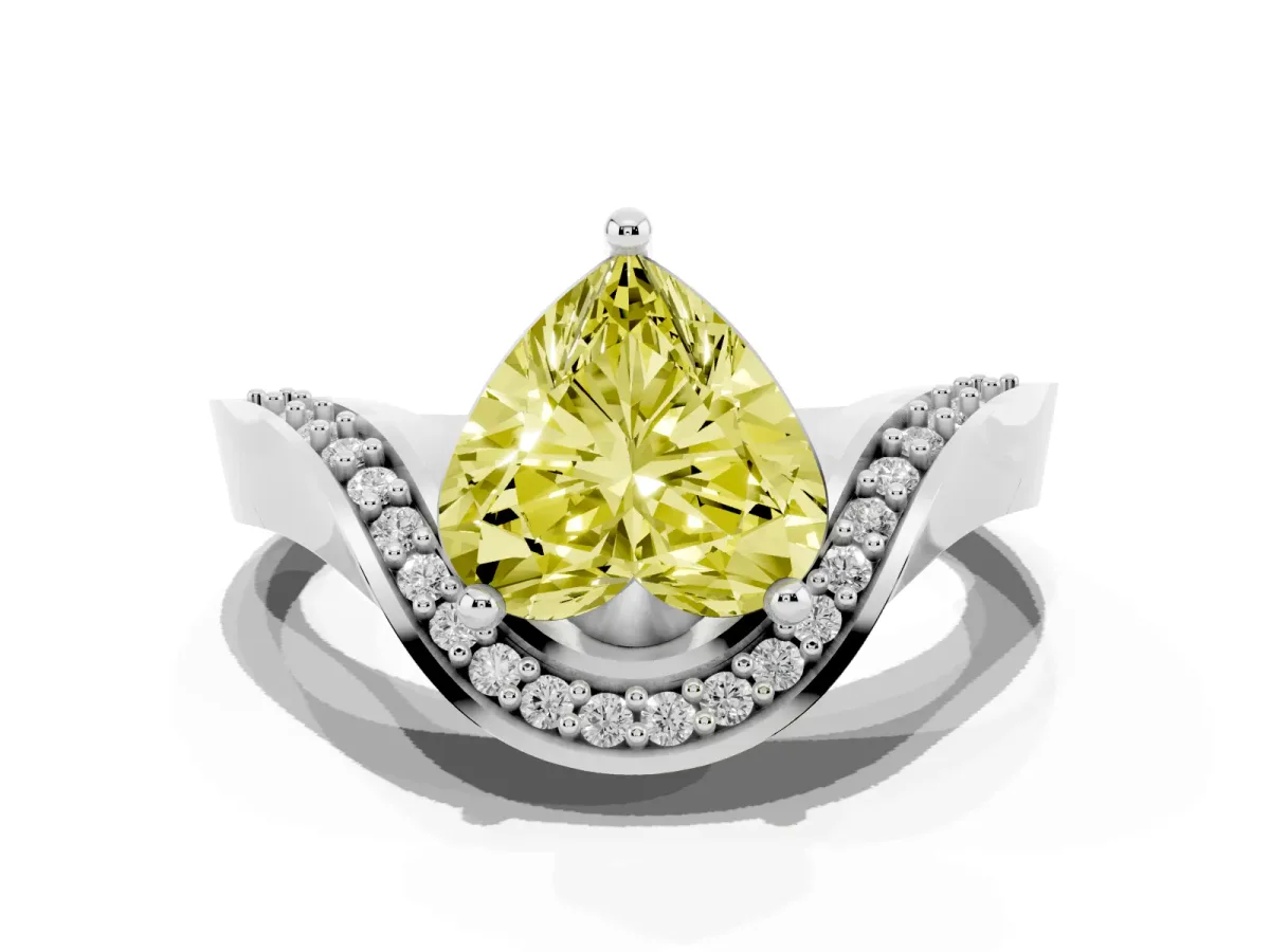 Fancy Yellow Heart Cut Solitaire Diamond Engagement Ring with Pave Band and Four-Prong Setting Silver