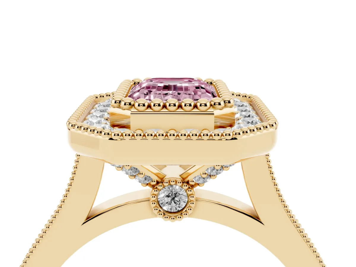 Fancy Pink Emerald Cut Diamond Halo Ring with Milgrain Frame and Pavé Band Yellow gold
