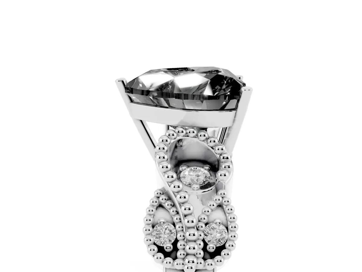 Fancy Black Heart Cut Solitaire Milgrain Leaf Band with Prong Setting Silver