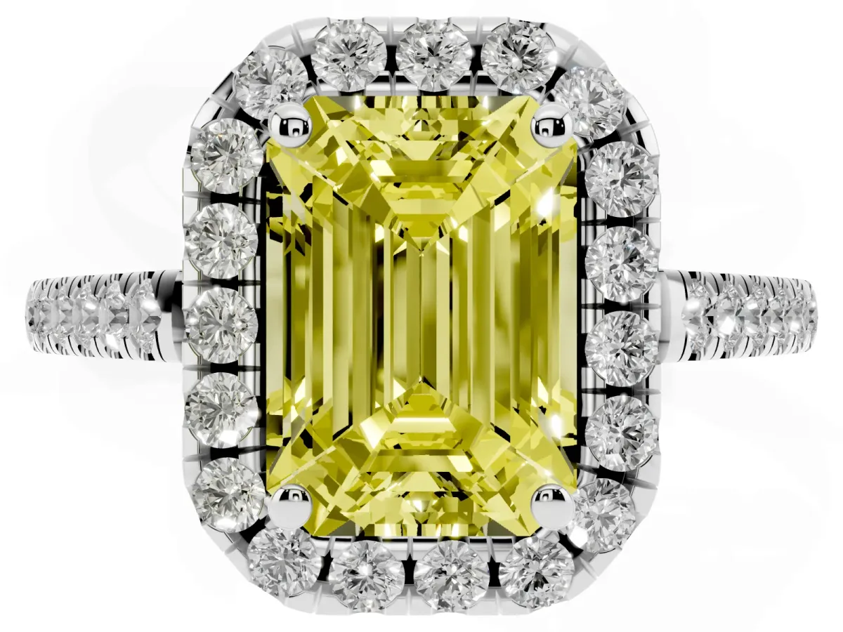 Fancy Yellow Emerald Cut Halo Pavé Diamond Engagement Ring with Four-Prong Setting Silver