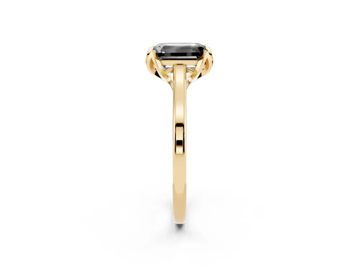 Fancy Black Emerald Cut Diamond Solitaire Ring with Flower Prong Setting and Classic Band Yellow gold
