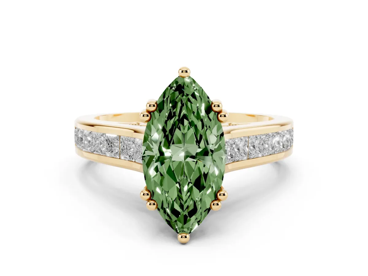 Fancy Green Marquise Cut Cut Channel Set Solitaire Engagement Ring with Prong Setting Yellow gold