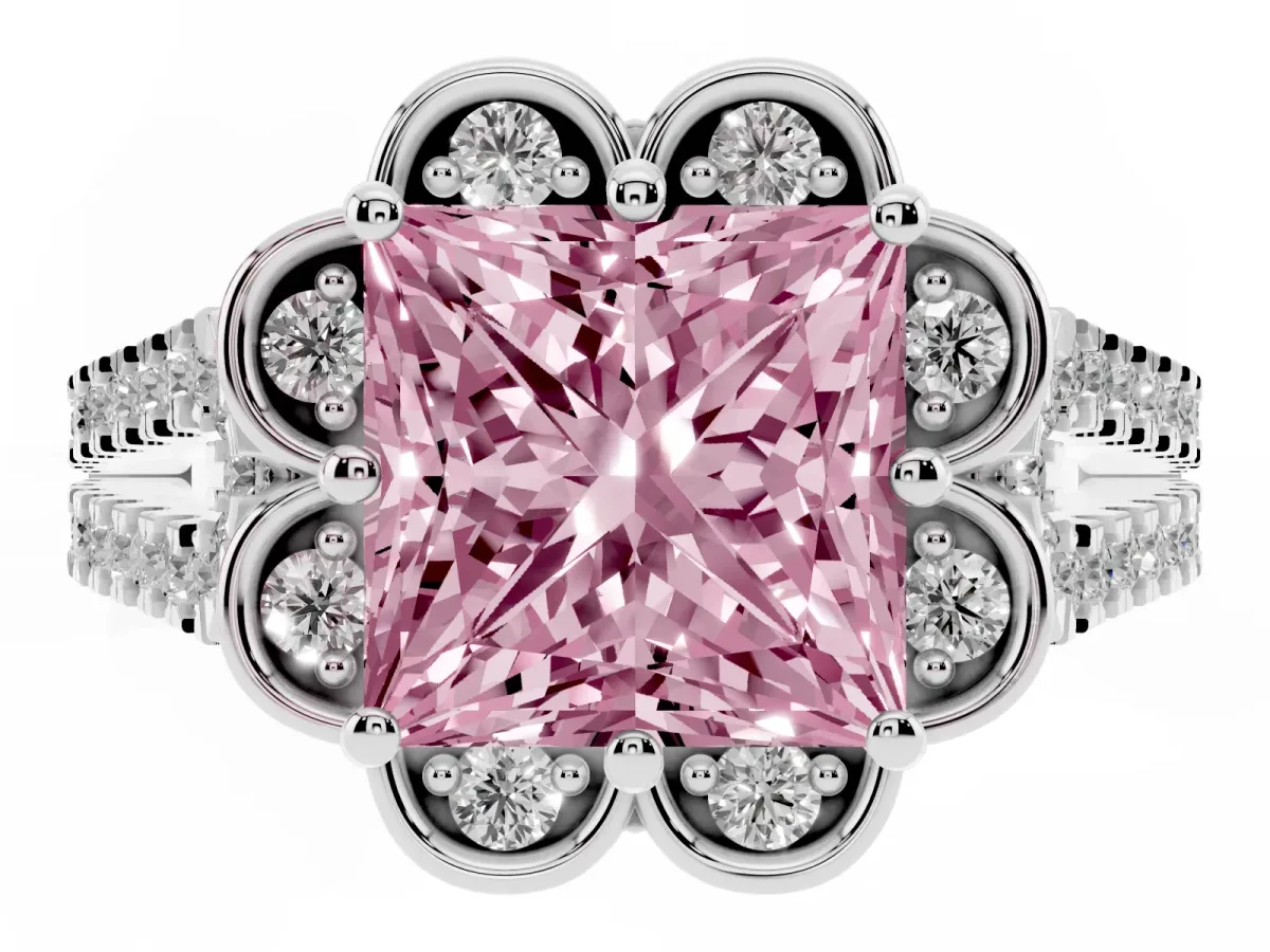 Fancy Pink Princess Cut Halo Diamond Floral Split Shank Engagement Ring Silver