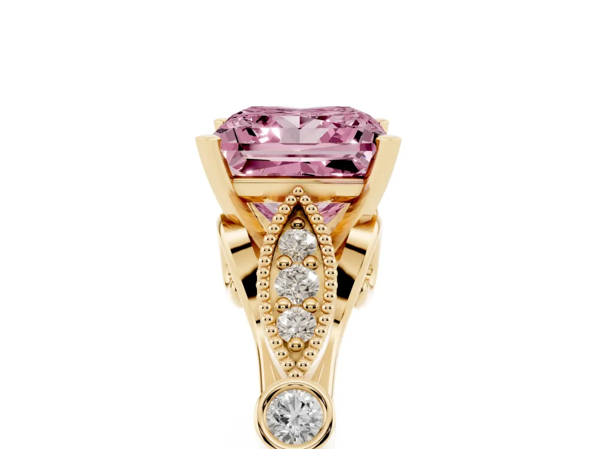 Fancy Pink Princess Cut Cut Diamond with Milgrain Marquise and Bezel Accents on a Solitaire Band with Prong Setting Yellow gold