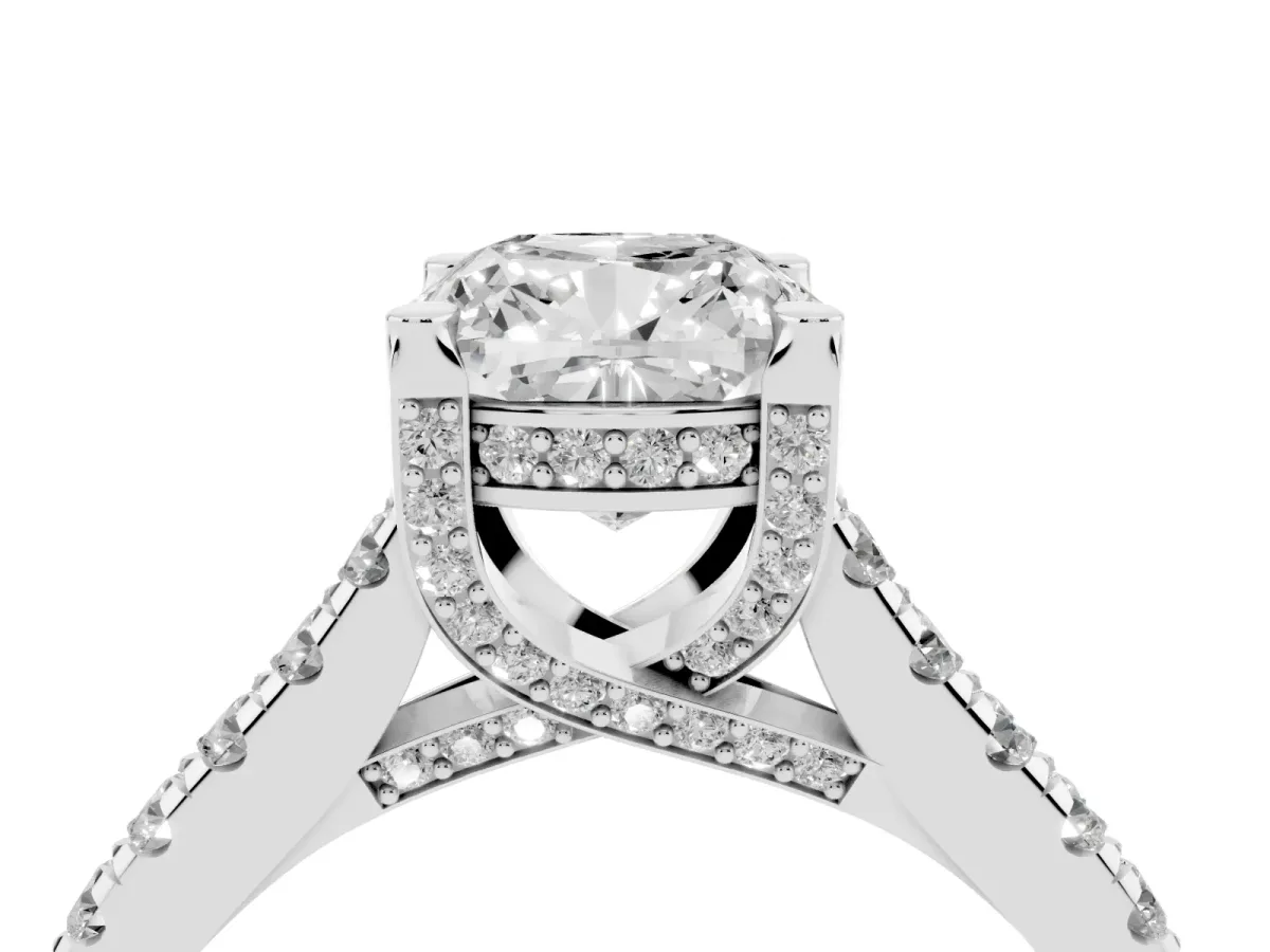 Cushion Cut Brilliant Diamond Solitaire with Pavé Band and Four-Prong Setting Silver