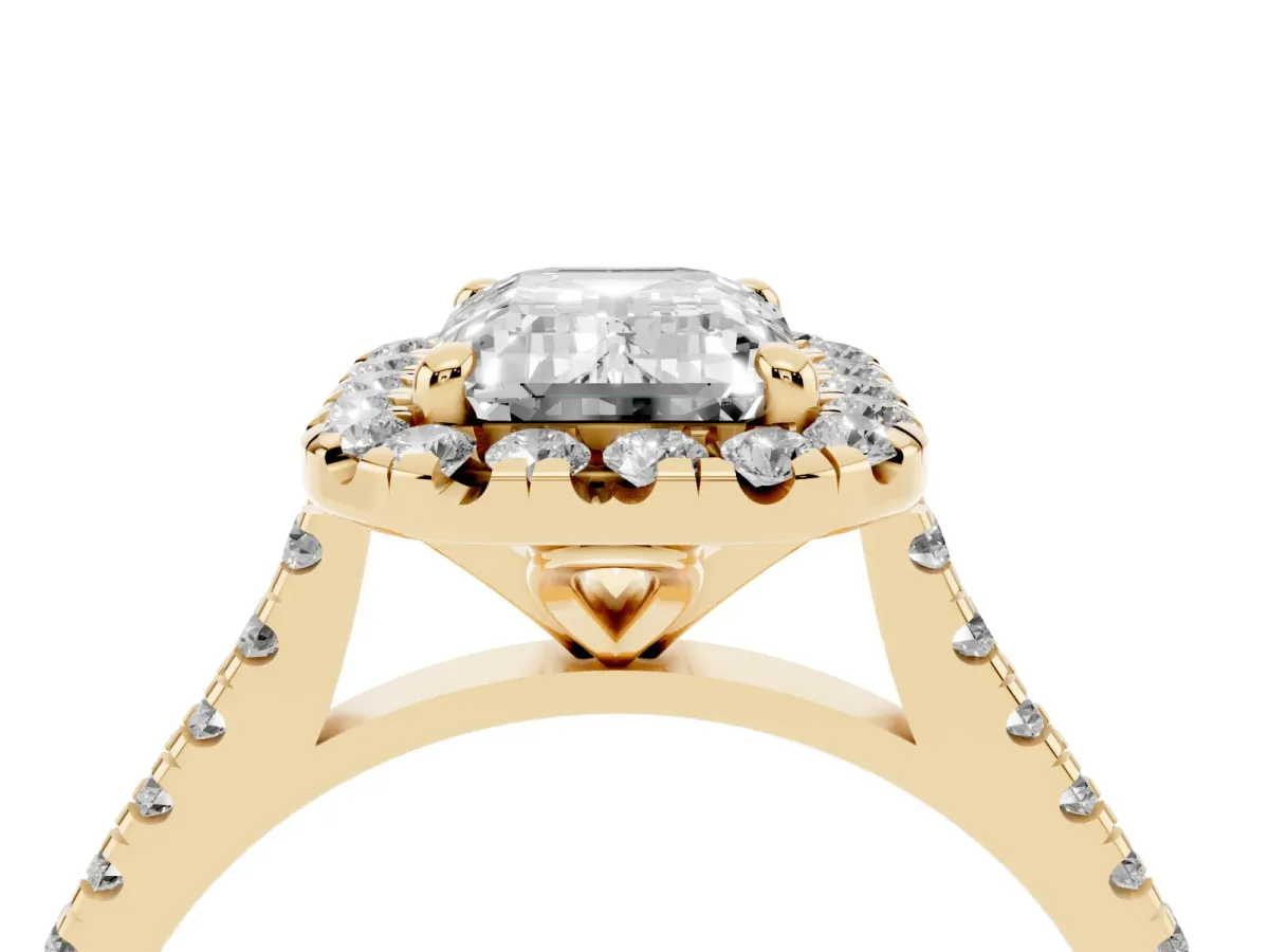 Emerald Cut Diamond Cushion Halo Ring with Pavé Band Yellow gold