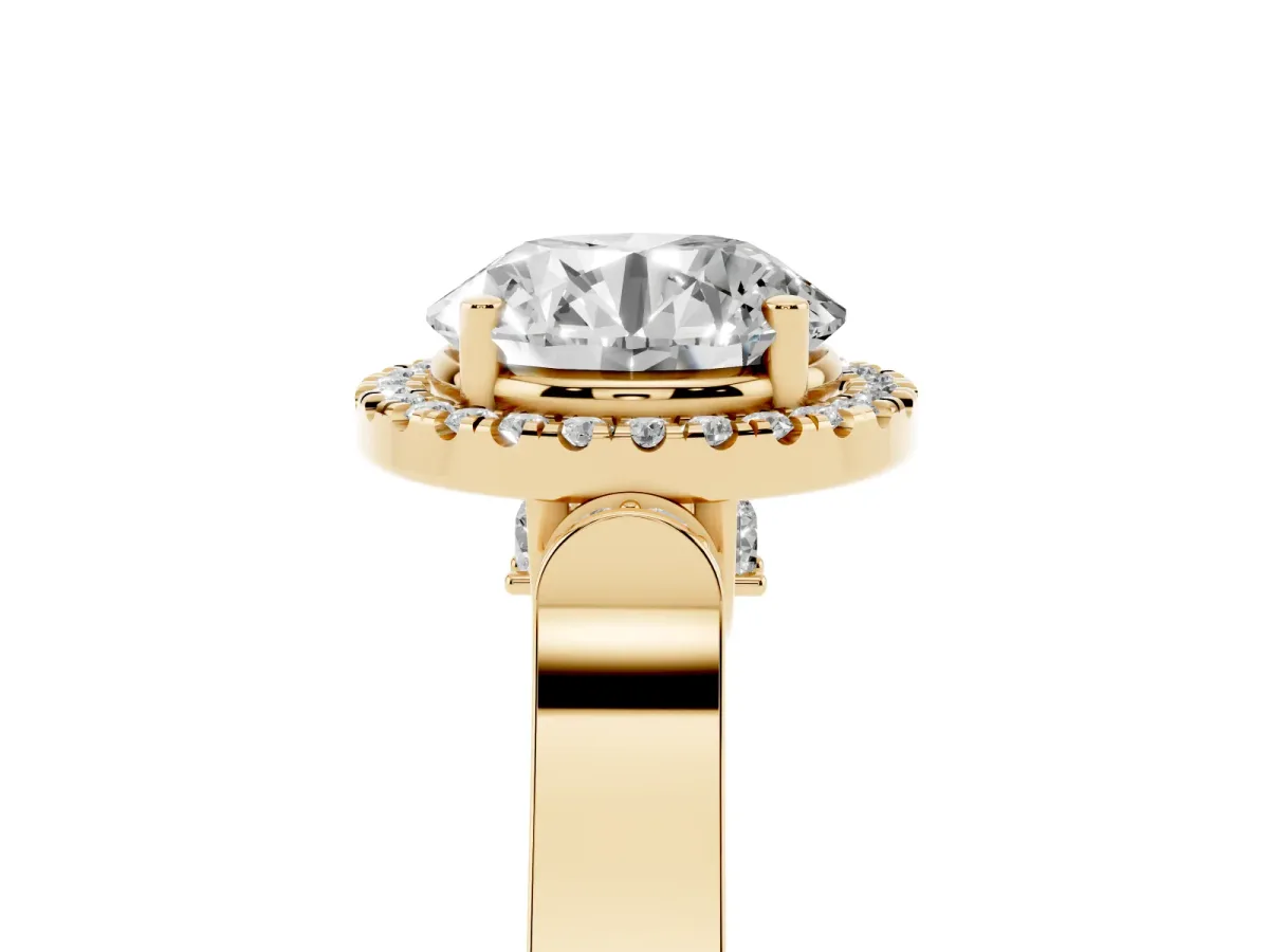 Round Cut Halo Pave Split Shank Prong Setting Ring Yellow gold