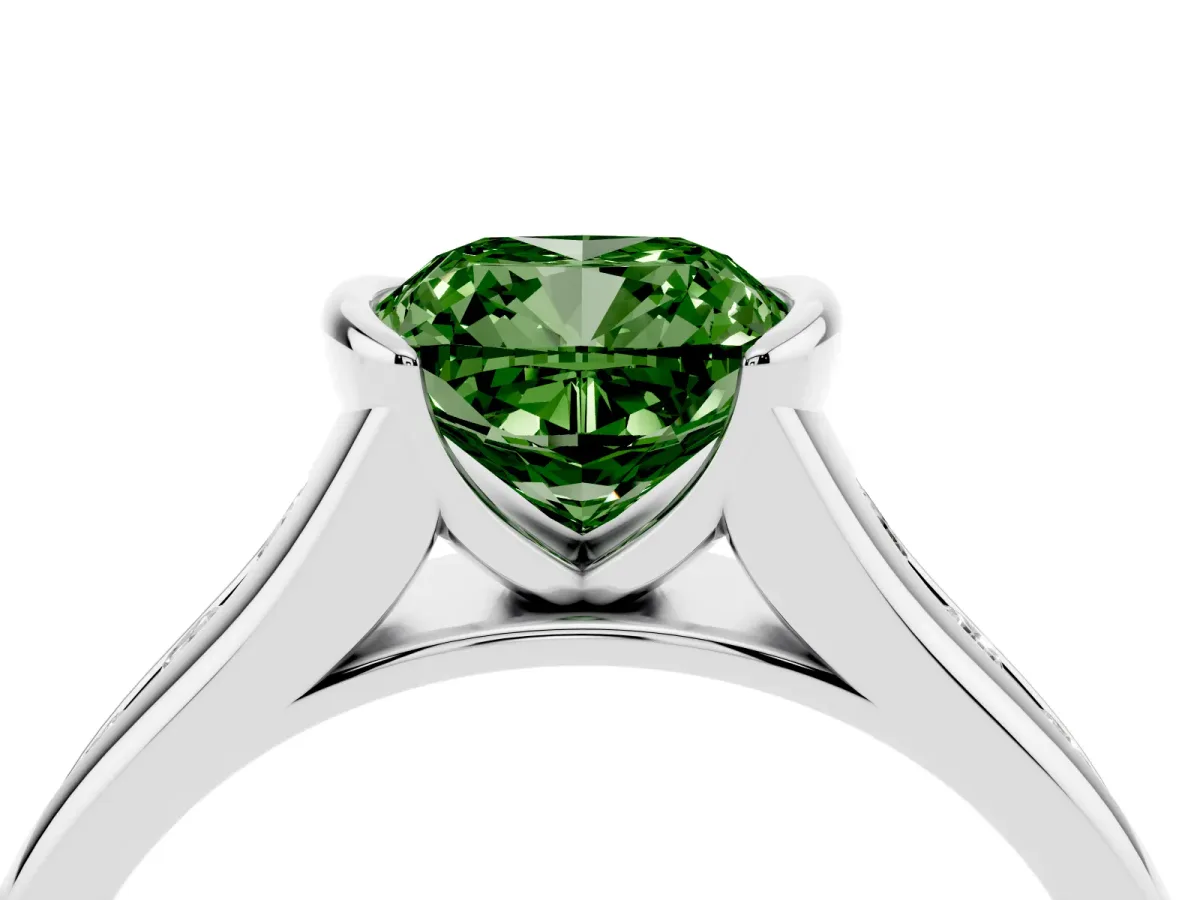 Fancy Green Cushion Cut Solitaire Bezel-Set Diamond Ring with Channel-Set Band Silver