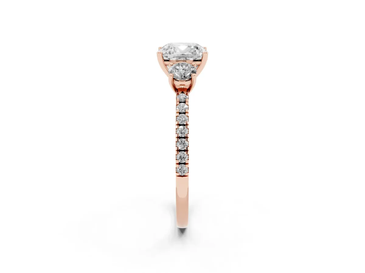 Three-Stone Cushion Cut Cut Diamond Pavé Band with Prong Setting Rose gold