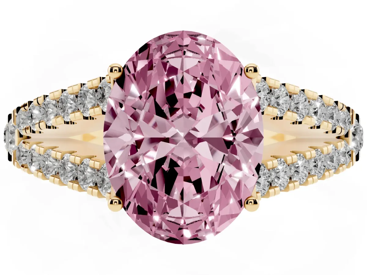 Fancy Pink Oval Cut Diamond Split Shank Engagement Ring with Round Pavé and Prong Setting Yellow gold