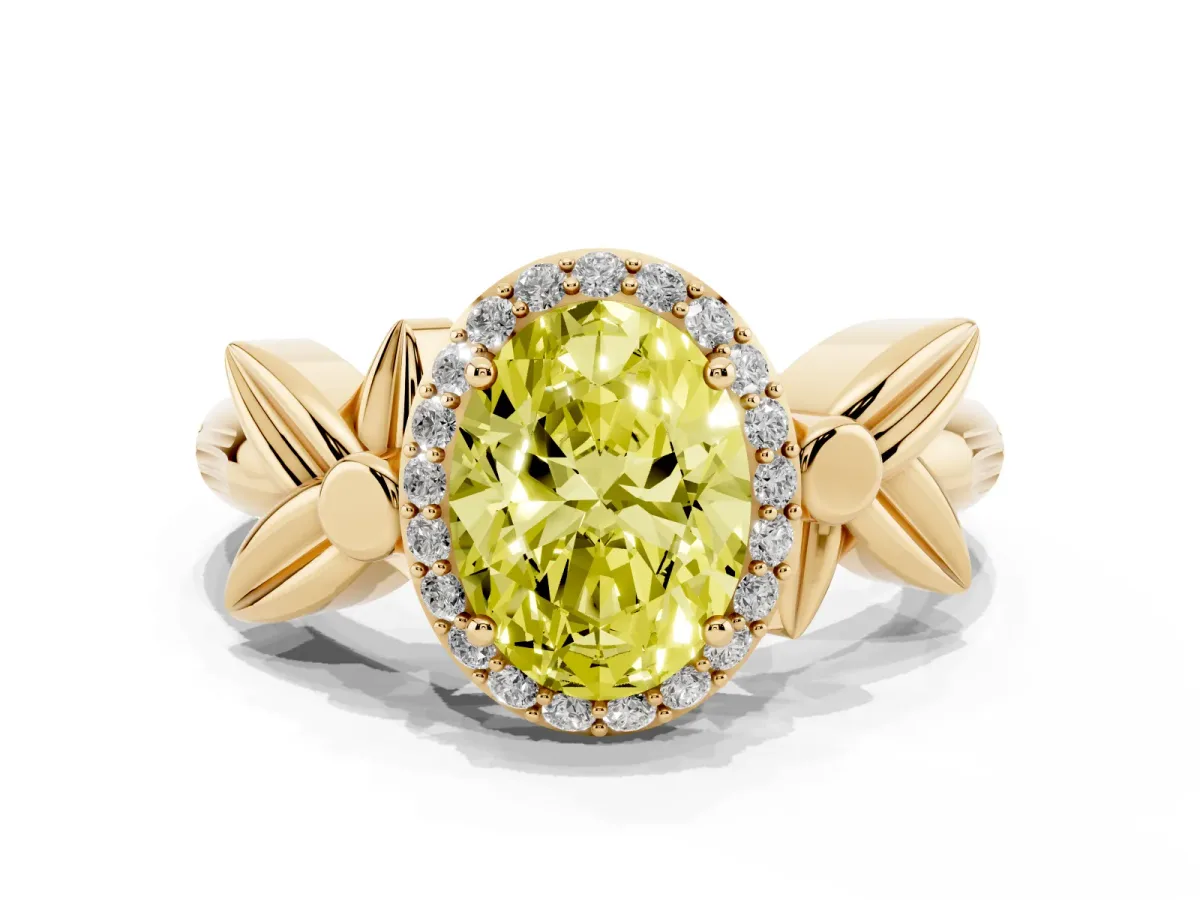 Fancy Yellow Oval Cut Halo Diamond Floral Band with Four-Prong Setting Yellow gold