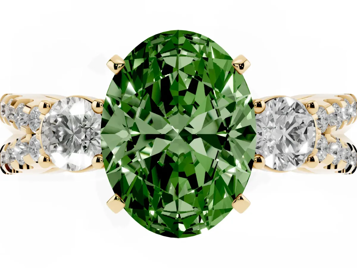 Fancy Green Oval Cut Diamond Three-Stone Ring with Pavé Split Shank and Four-Prong Setting Yellow gold