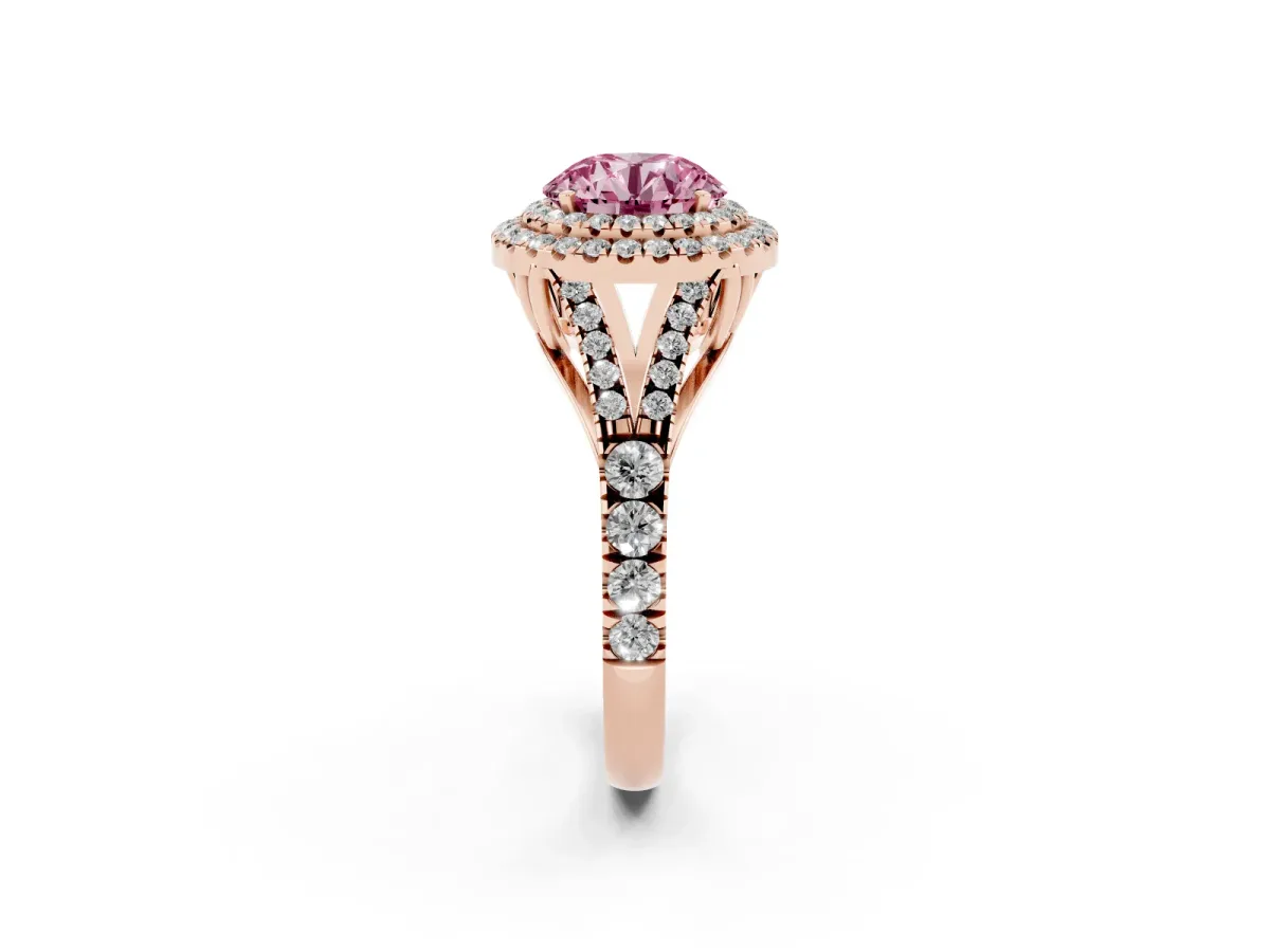 Fancy Pink Round Cut Diamond Double Halo Ring with Split Shank and Prong Setting Rose gold