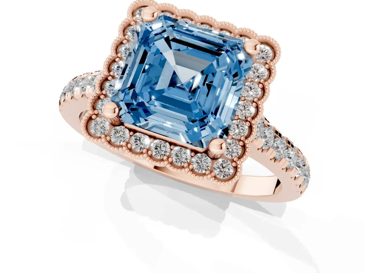 Fancy Blue Asscher Cut Cut Diamond Milgrain Floral Halo Engagement Ring with Pavé Band Rose gold