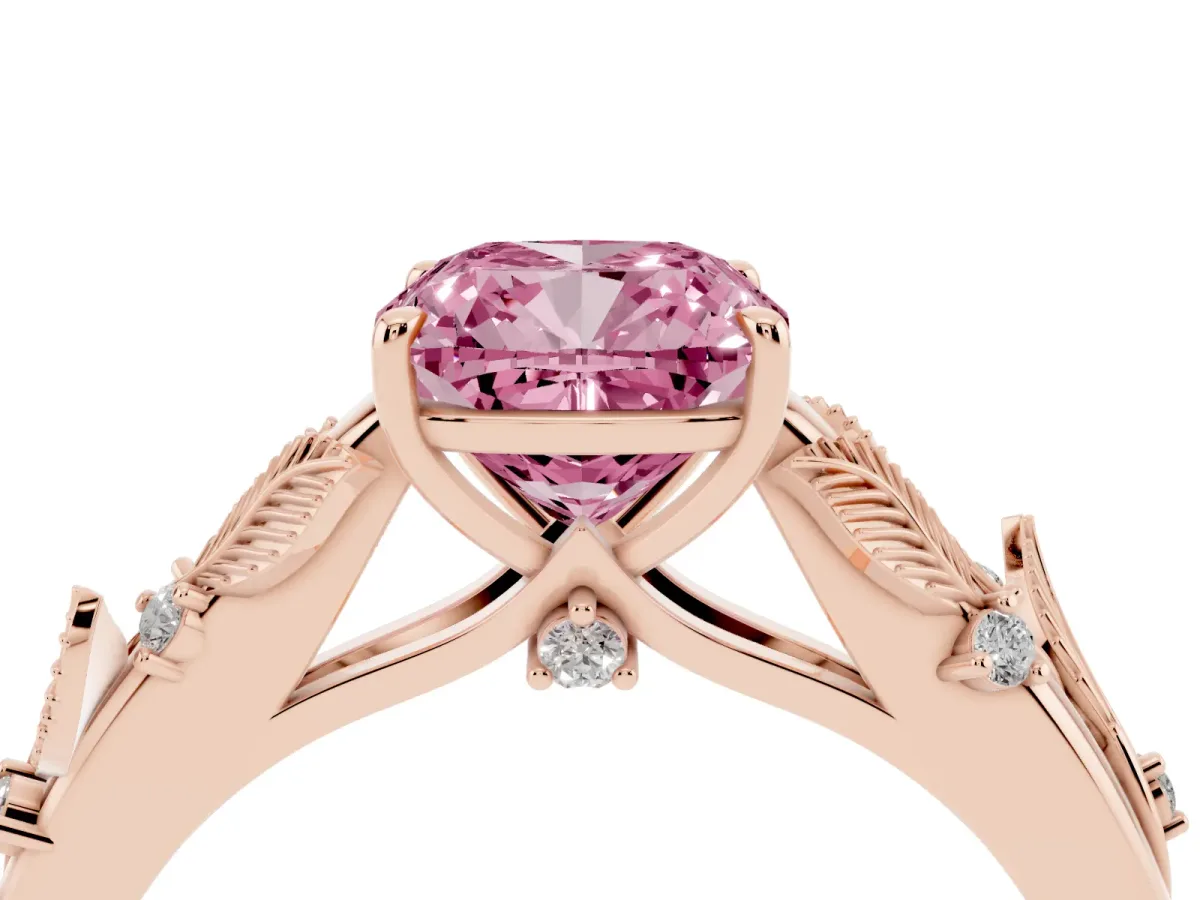 Fancy Pink Cushion Cut Diamond Solitaire Ring with Leaf Motif Band and Four-Prong Setting Rose gold