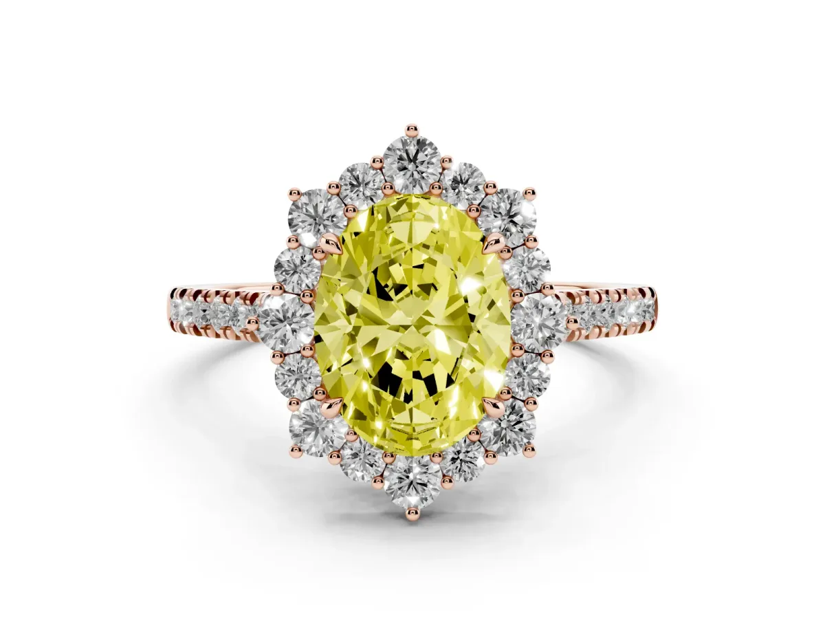 Fancy Yellow Oval Cut Halo Diamond Ring with Pavé Band and Prong Setting Rose gold