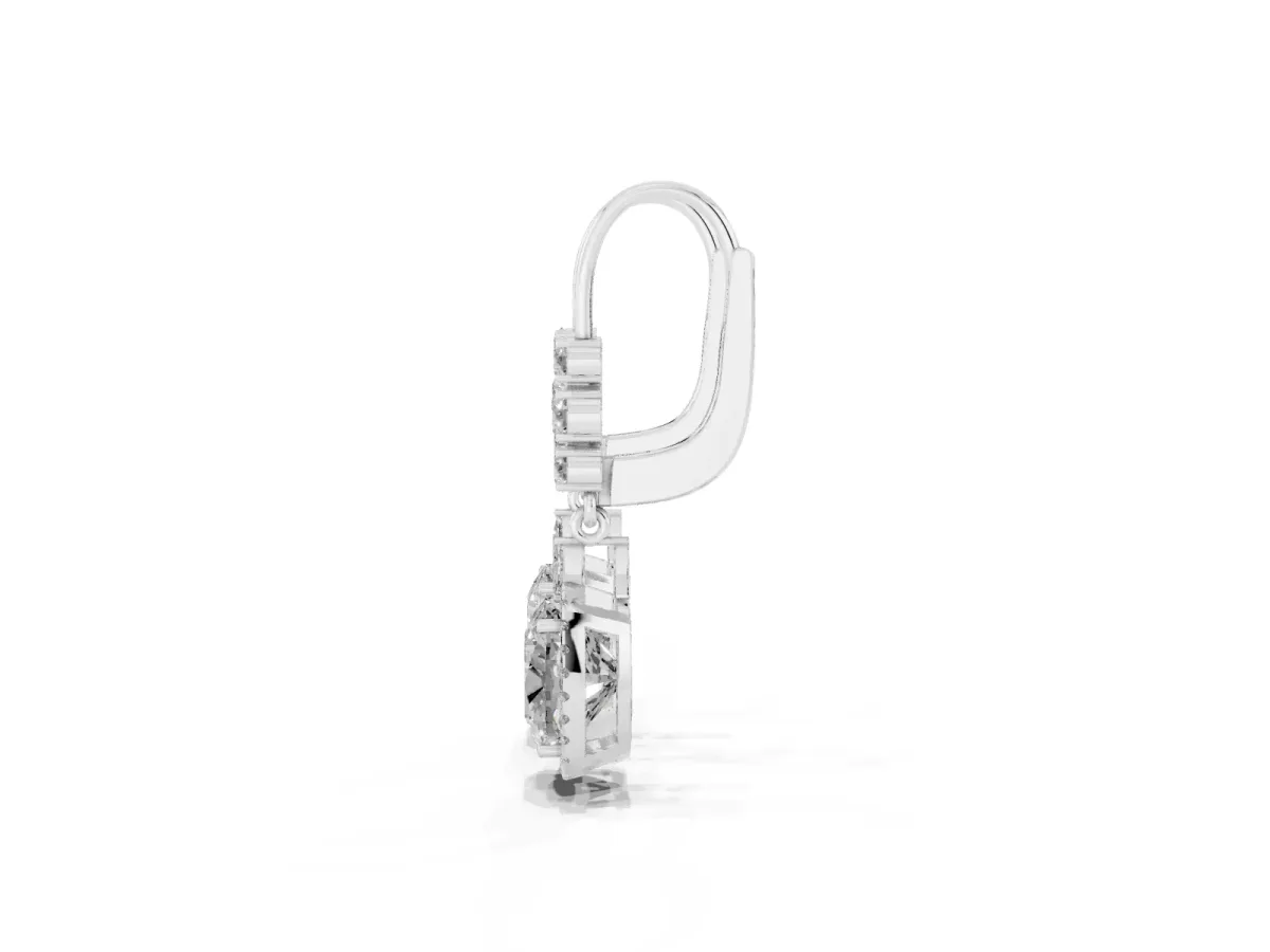 Cushion Diamond Drop Earrings with Trillion Diamond Accents and Round Diamond Halo White gold