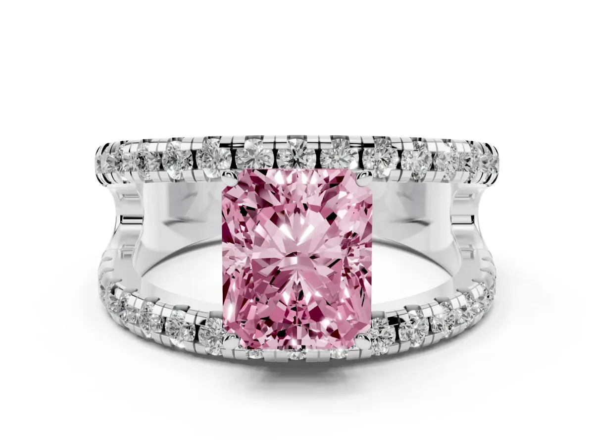 Fancy Pink Radiant Cut Solitaire Split Shank Pave Diamond Ring Silver