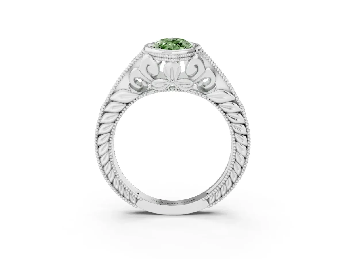Fancy Green Bezel Set Marquise Cut Diamond Milgrain Pave Engagement Ring Silver