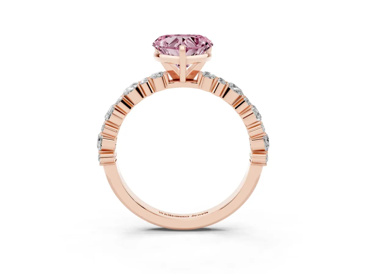Fancy Pink Heart Cut Diamond Side Stone Solitaire Ring with Round and Four-Prong Setting Rose gold