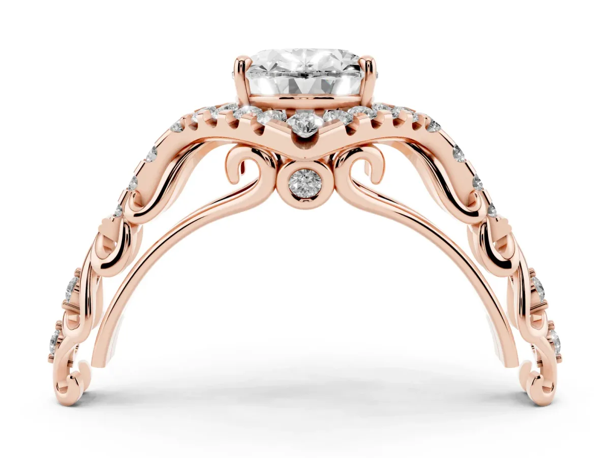 Oval Cut Diamond Solitaire Ring with Hidden Halo and Pavé Band Rose gold