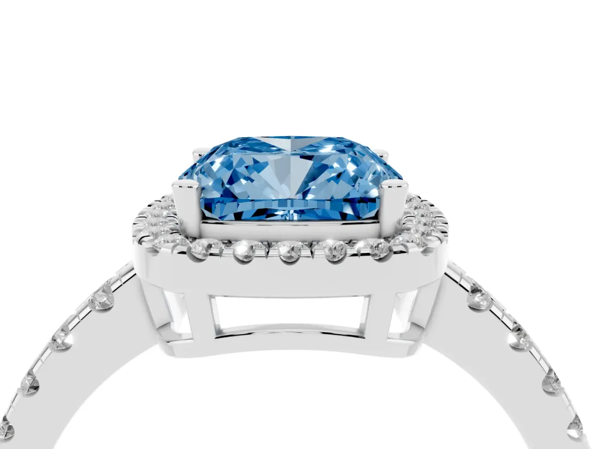 Fancy Blue Cushion Cut Diamond Halo Ring with Pavé Band and Four-Prong Setting White gold