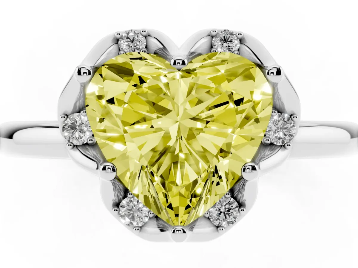 Fancy Yellow Heart Cut Halo Diamond Ring with Round Cluster Setting, Solitaire Band, and Four-Prong Setting White gold