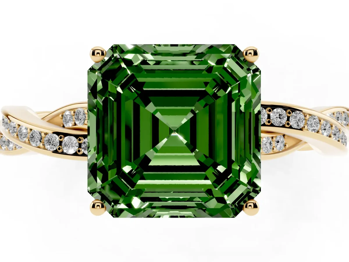 Fancy Green Asscher Cut Solitaire Twisted Pave Diamond Ring with Four-Prong Setting Yellow gold
