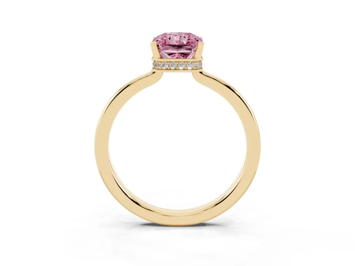 Fancy Pink Radiant Cut Cut Solitaire Engagement Ring with Four-Prong Setting on a Classic Band Yellow gold