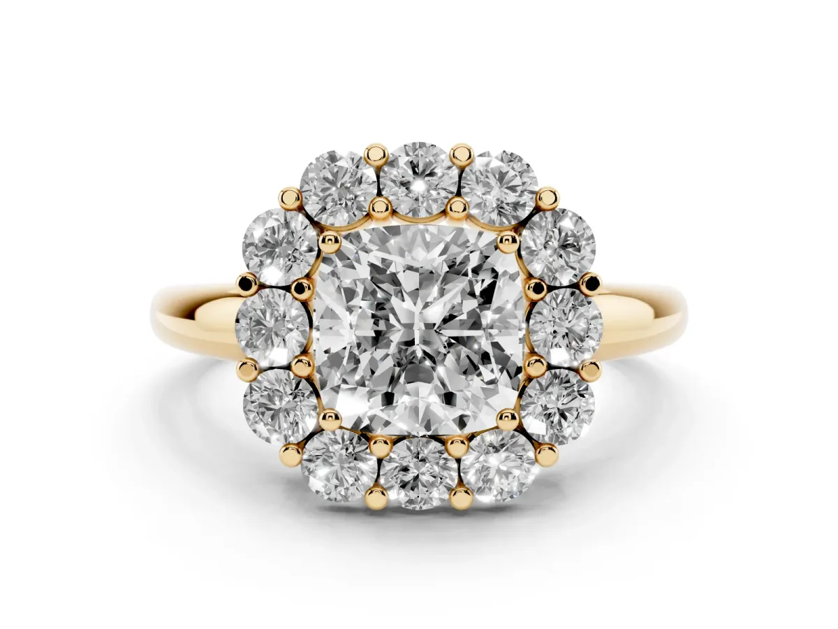 Cushion Cut Halo Cluster Diamond Engagement Ring with Prong Setting and Polished Band Yellow gold