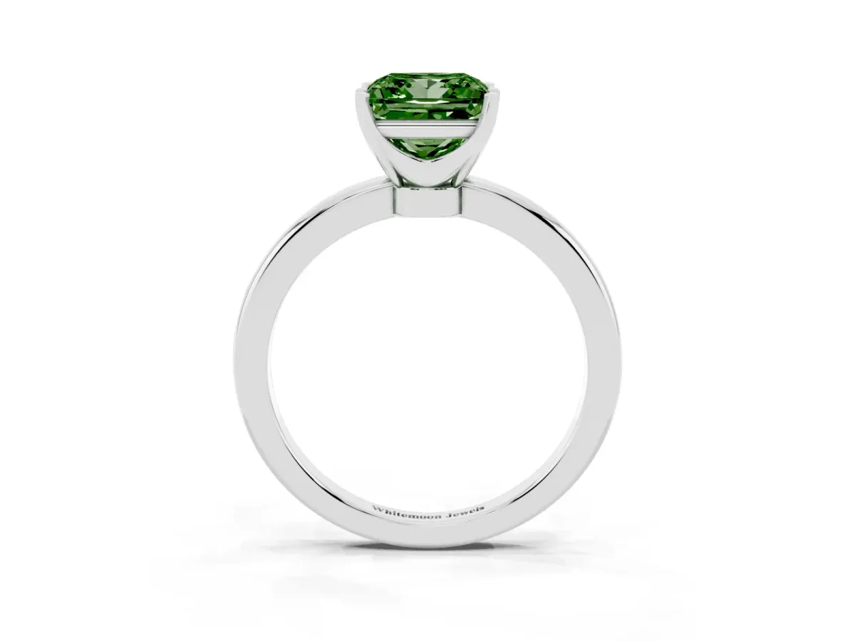 Fancy Green Princess Cut Solitaire Diamond Ring with Six-Prong Setting on a Classic Band Silver