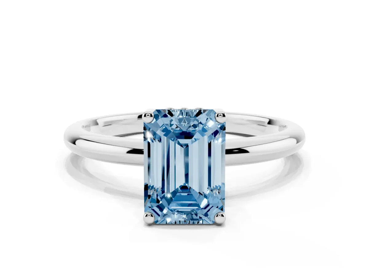 Fancy Blue Emerald Cut Cut Solitaire Engagement Ring with Four-Prong Setting and Classic Band Silver
