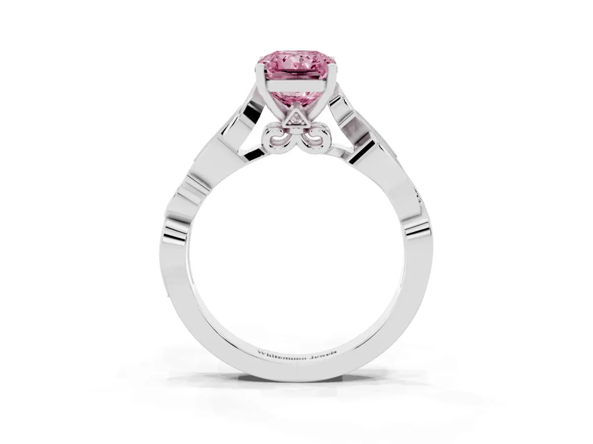 Fancy Pink Radiant Cut Solitaire Vine Band with Milgrain Prong Setting Silver