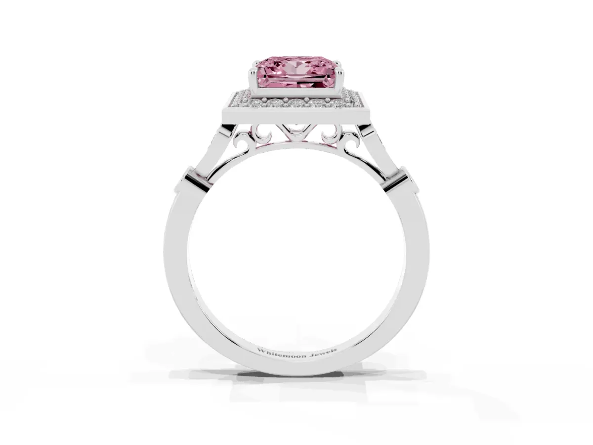 Fancy Pink Princess Cut Halo Diamond Engagement Ring with Twisted Band and Four-Prong Setting Platinum