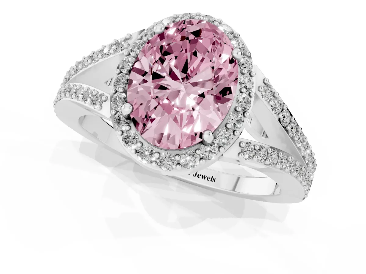 Fancy Pink Oval Cut Halo Split Shank Pave Diamond Ring with Four-Prong Setting White gold