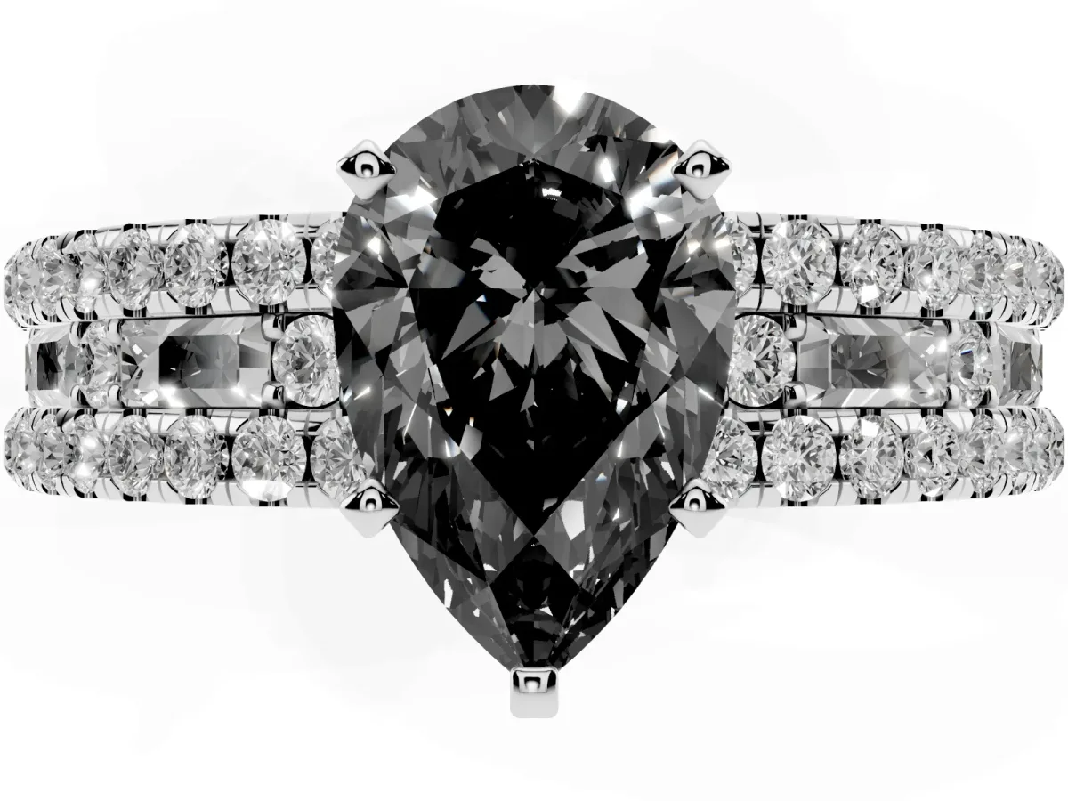 Fancy Black Pear Cut Diamond Solitaire Ring with Pavé and Channel Set Band Silver
