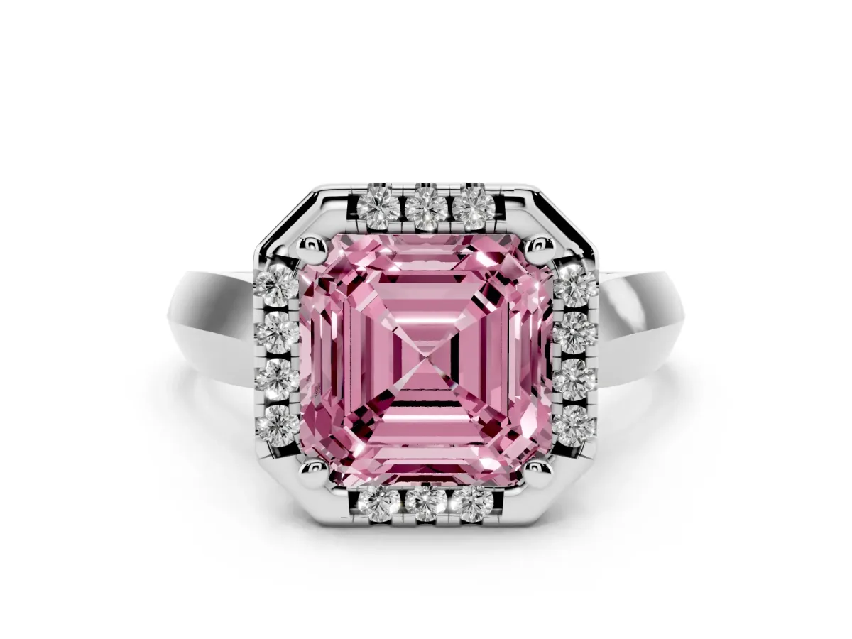 Fancy Pink Asscher Cut Cut Halo Solitaire Engagement Ring with Square Band and Four-Prong Setting Platinum