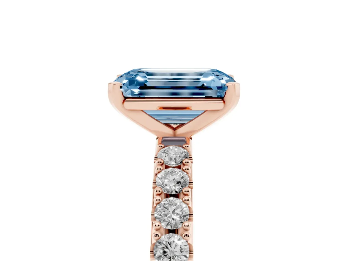 Fancy Blue Emerald Cut Diamond Solitaire Pavé Band with Four-Prong Setting Rose gold
