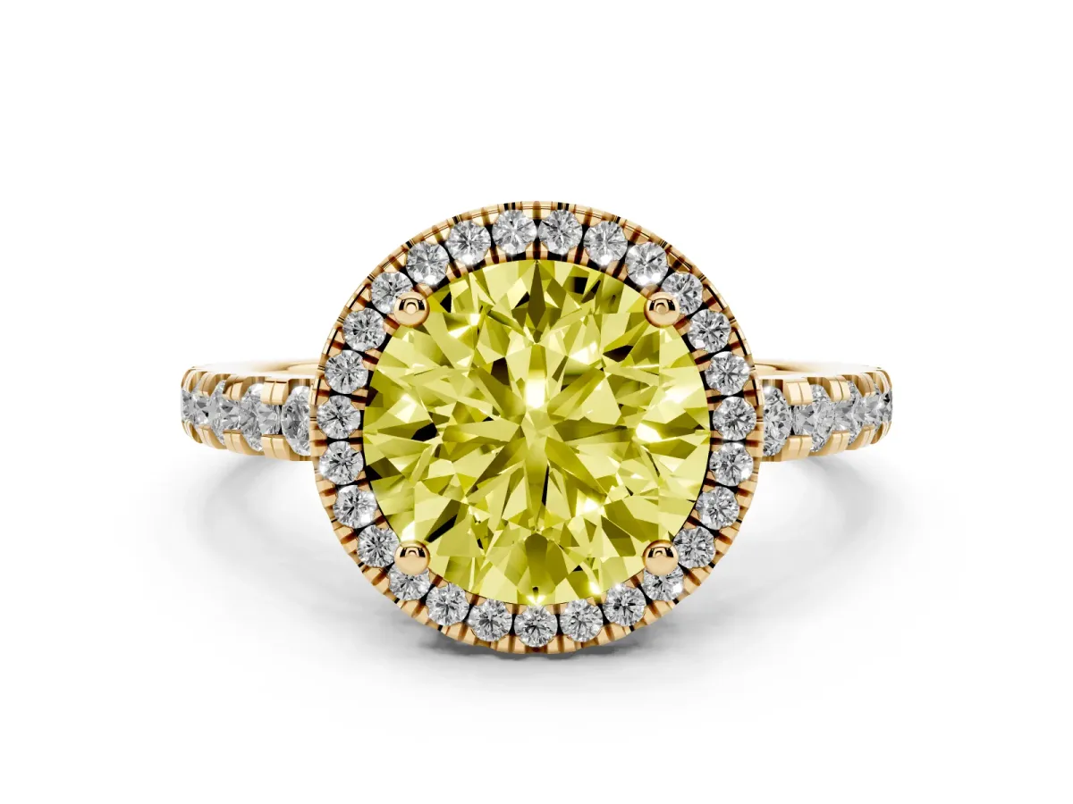 Fancy Yellow Round Cut Diamond Halo Ring with Pavé Band and Four-Prong Setting Yellow gold