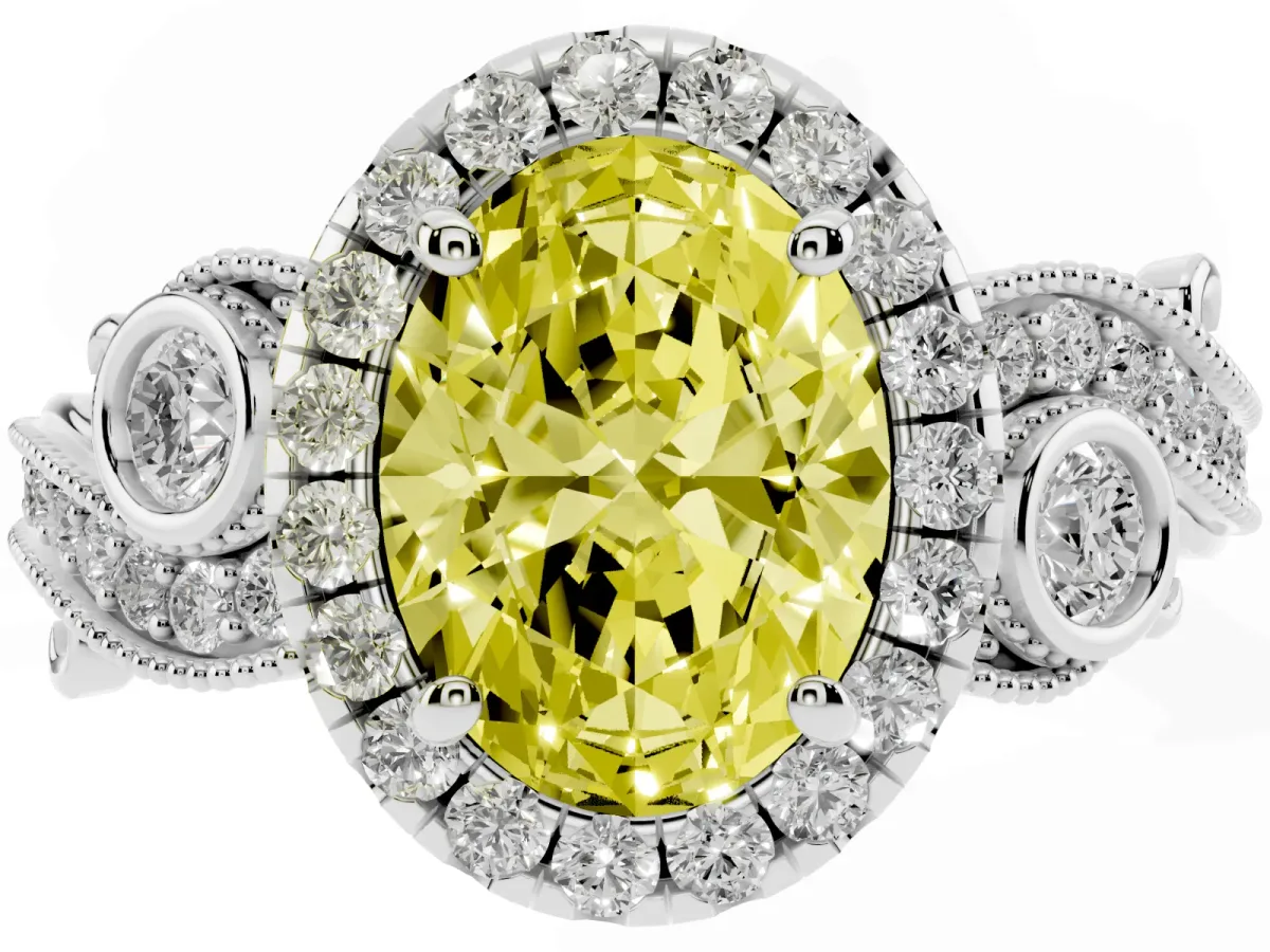 Fancy Yellow Oval Cut Diamond Halo Ring with Milgrain Pavé Band and Four-Prong Setting Silver