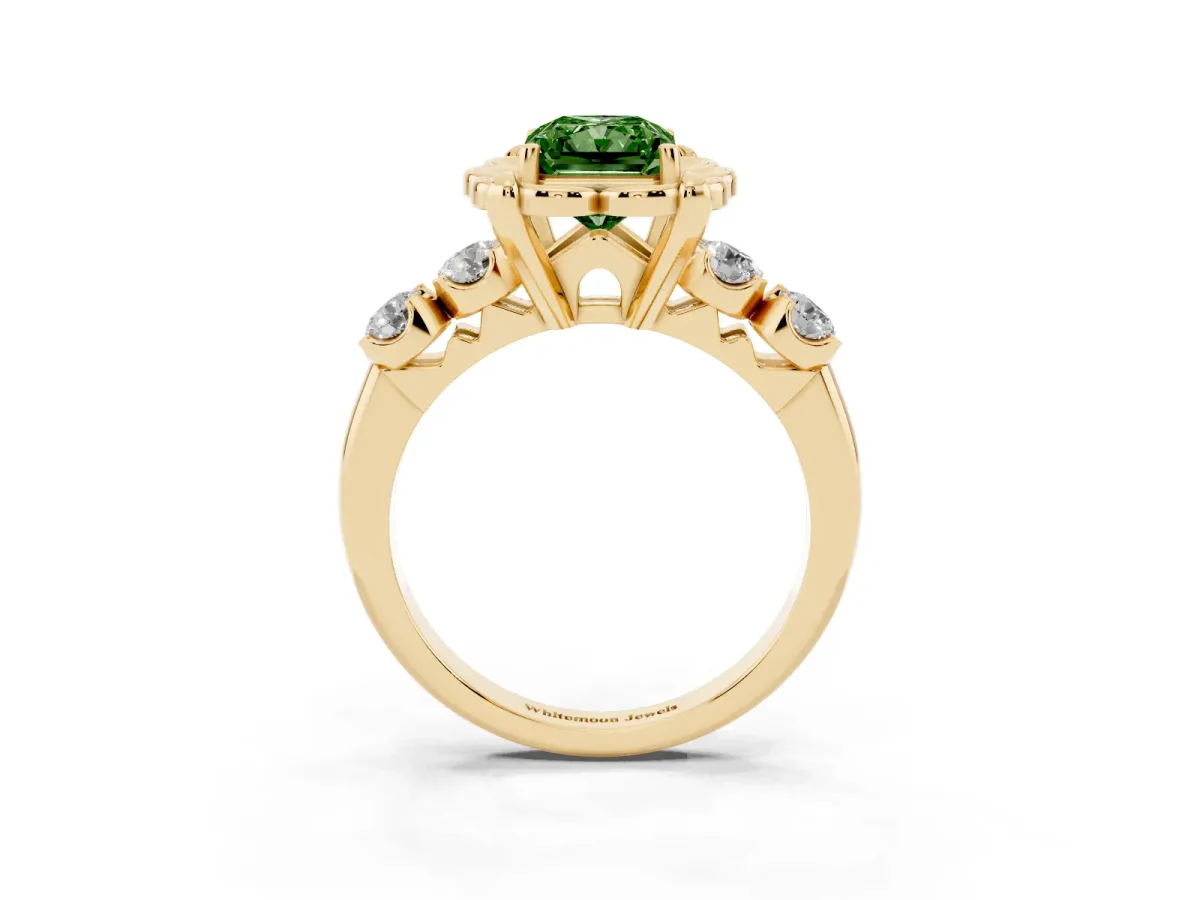 Fancy Green Radiant Cut Cut Diamond Floral Halo Engagement Ring with Shared Prong Setting Yellow gold
