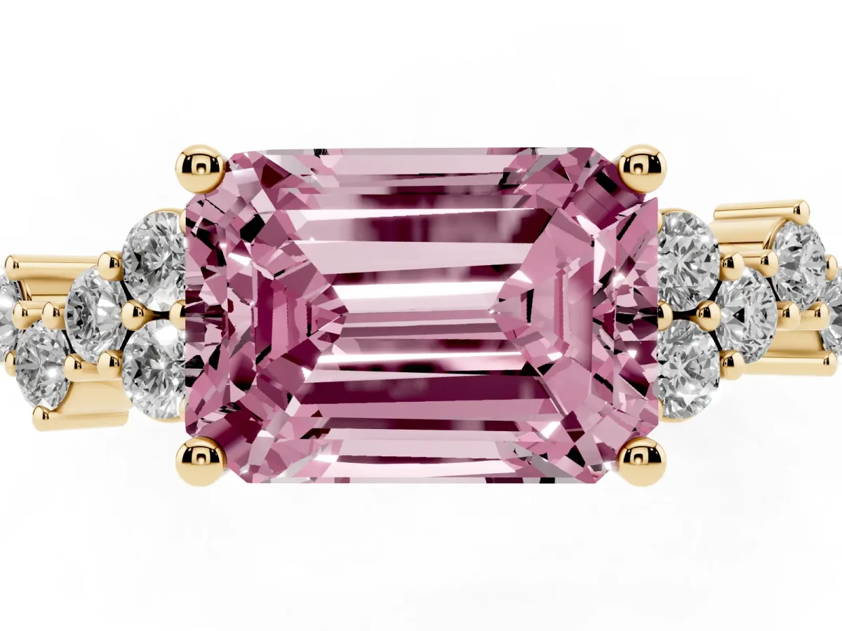 Fancy Pink Emerald Cut Diamond Scattered Round Accent Ring with Prong Setting Yellow gold