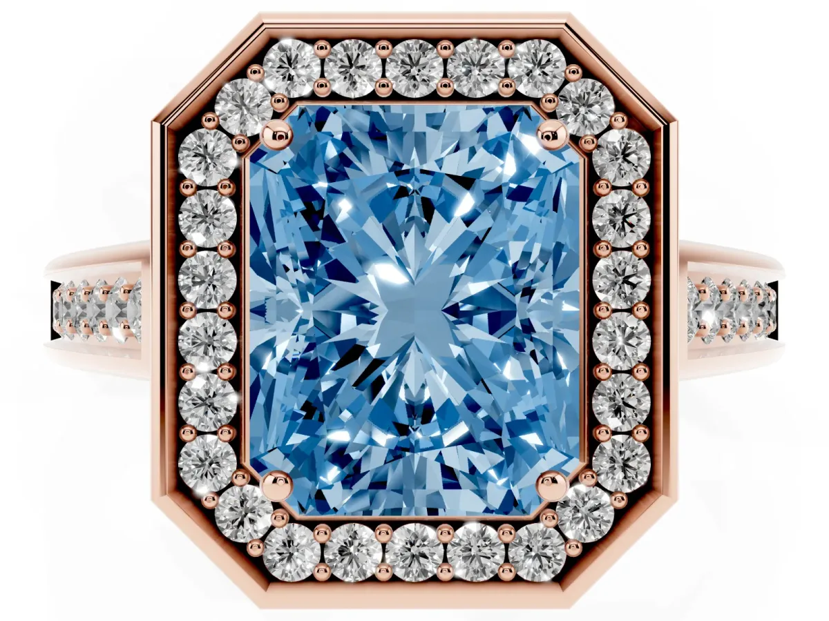 Fancy Blue Radiant Cut Halo Solitaire Diamond Ring with Pave Band and Bezel Setting Rose gold